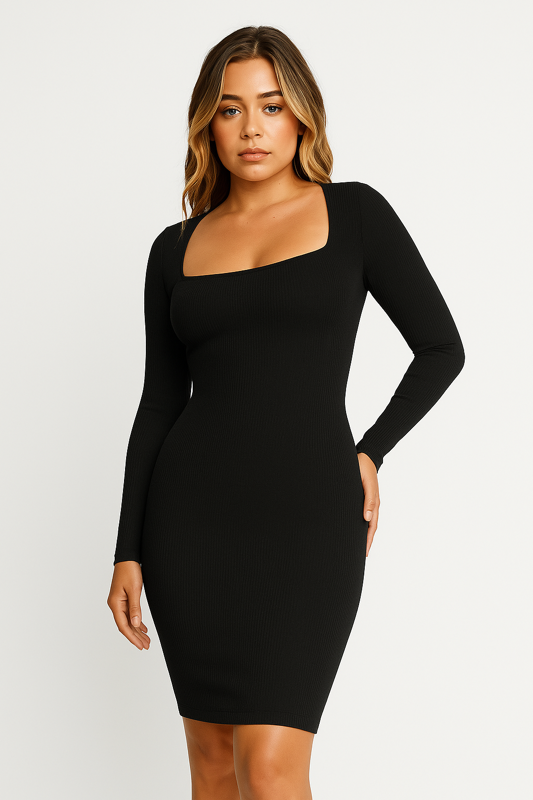 Robe Élise mi-longue, amincissante à manches longues